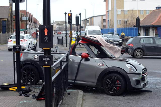 The driver of this Mini was taken to hospital with minor injuries after being involved in a collision with an ambulance car near Sunderland Royal Hospital. Pic: Stu Norton.