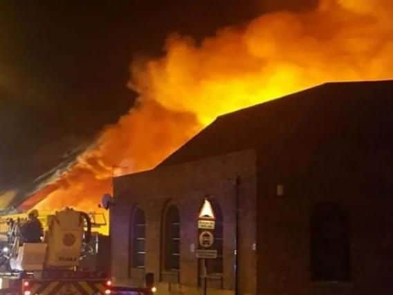 Fire as it raged at the former bingo hall site in Southwick on Friday, February 3, 2017.