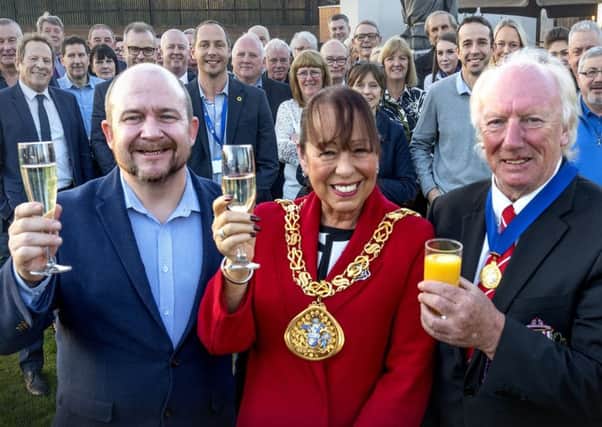The Mayor and Mayoral Consort, Coun Lynda Scanlan and Micky Horswill, celebrate the launch of the Mayor's Charity Golf Day at the George Washington Hotel along with hotel manager Ian Gray and invited guests.