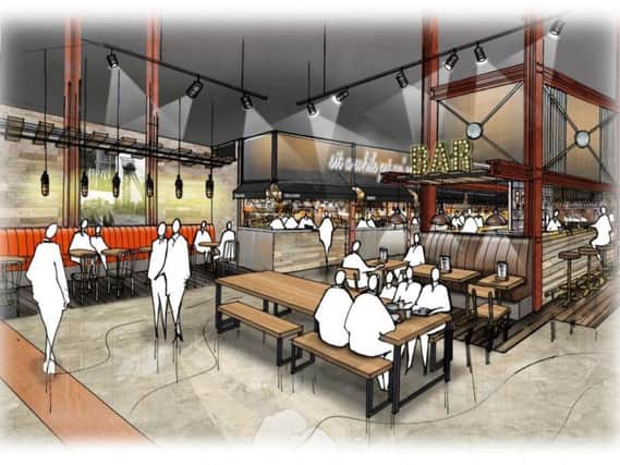 An image of what the food hall at The Riverwalk complex could look like.