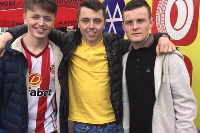 Connor (centre) on matchday with fellow SAFC fans and friends Jake Tansey (left) and Gavin Spurs
