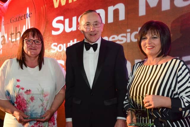 The 2018 Customer Service/Unsung hero award winners, presented by Neil Mundy Chairman South Tyneside NHS Foundation Trust. Susan Maughn (left) and Gill Hanratty (right).