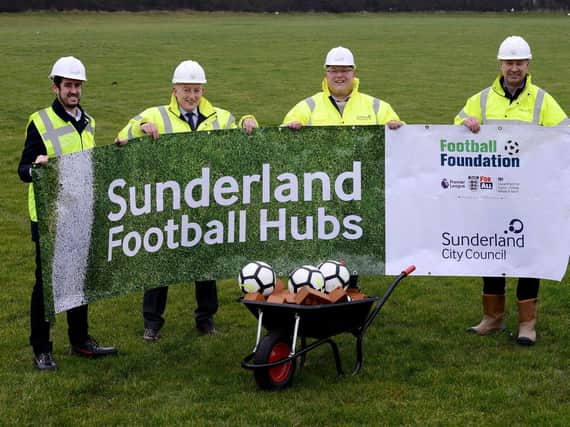 Left to right) Simon Wardle (Active Sunderland Development Officer), Paul Redman (Divisional Director Esh Construction), Councillor Greame Miller (Leader Sunderland City Council) Geoff Steele (Contracts Manager Esh Construction) at the launch of the Football Hub project at Community North Sports Complex. Picture by FRANK REID.