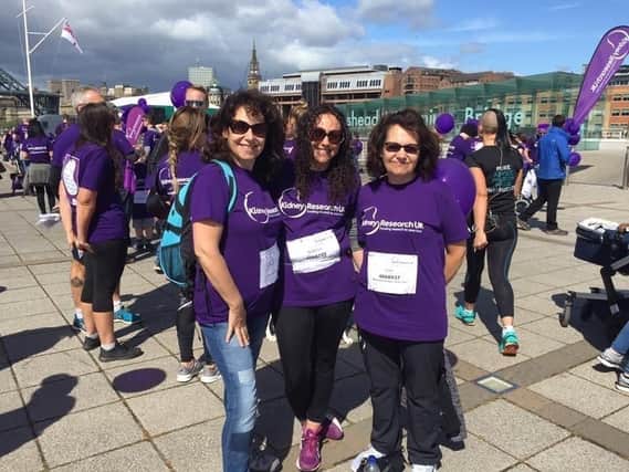 Julie Elliott MP, left, with daughter Rebecca , centre, and sister Joan, right, after completing a walk to raise funds for Kidney Research UK.