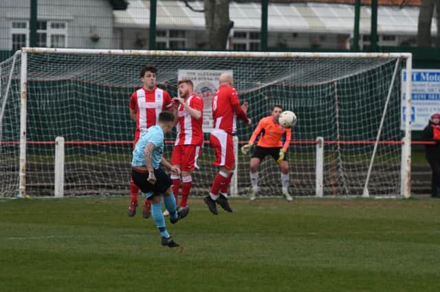 Seaham Red Star (red/white) v North Shields (blue) at Seaham Town Park, on Saturday.