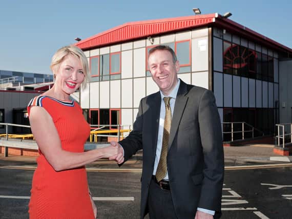 Heather Mills thanks Business Durhams Peter Rippingale for the organisations support with her new factory in Peterlee.