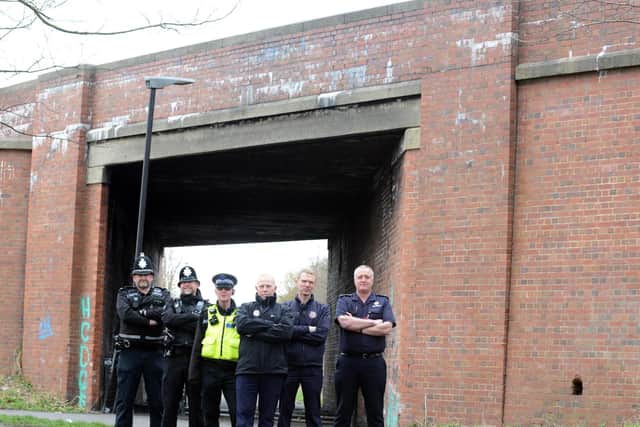 From left Pc Graeme Jenkinson, Pc Derek Perry, PCSO Martin Richardson, Rainton and Farringdon Station Manager Kevin Burns, Rainton Watch Manager Dave Curtis and Group Manager Steve Burdis at the under pass were youths have been throwing stones at firefighters.