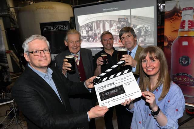 Lonely Tower Film and Media Vaux film sponsored by Maxim Brewery. Front  Lonely Tower Film and Media Mark Thorburn and Marie Gardiner. Back from left former Chair Vaux Group Sir Paul Nicholson, Maxim Brewery Mark Anderson and former MD Vaux Brewery Frank Nicholson
