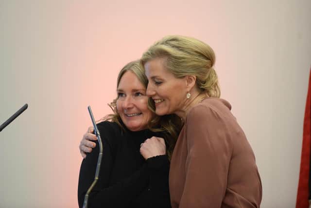 An emotional Lesley Spuhler, chief executive of The Foundation of Light, get a hug from The Countess of Wessex.