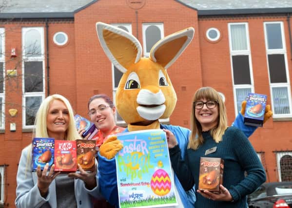 Sunderland Echo and Hope 4 Kidz annual Easter Egg Appeal. From left Sharon Downey, Amiee Burns, Easter Bunny and Bridge House centre manager Jo Bailes