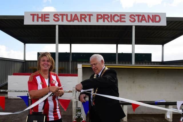 Stuart Price's mum Deborah Dobie and chairman of Murton Parish Council Tom Pinkney at the launch of the stand named in the Sunderland fan's honour at Murton Welfare Park.