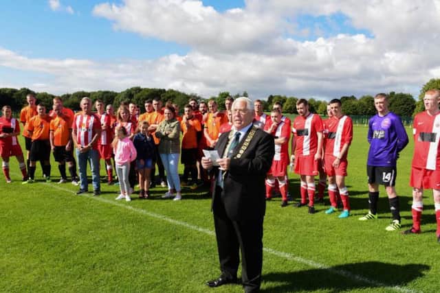 Councillor Tom Pinkney at the football game held in tribute to Stuart Price as the village unveiled a stand named after Stuart.