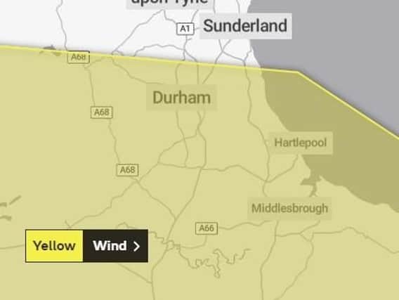 Yellow weather warning in place south of Sunderland. Picture by Met Office.