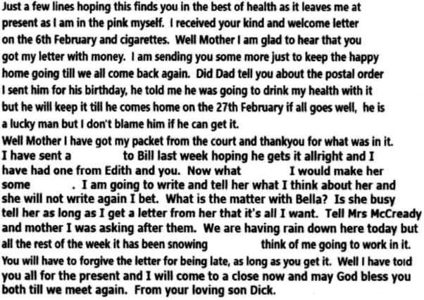The transcript of the letter from Richard McCready to his mother.
