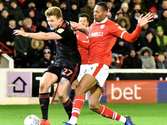 Max Power shoots in the goalless draw with Barnsley at Oakwell.