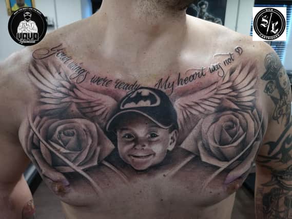 The tattoo of Bradley on Carl's chest. Picture by Lee Ganley