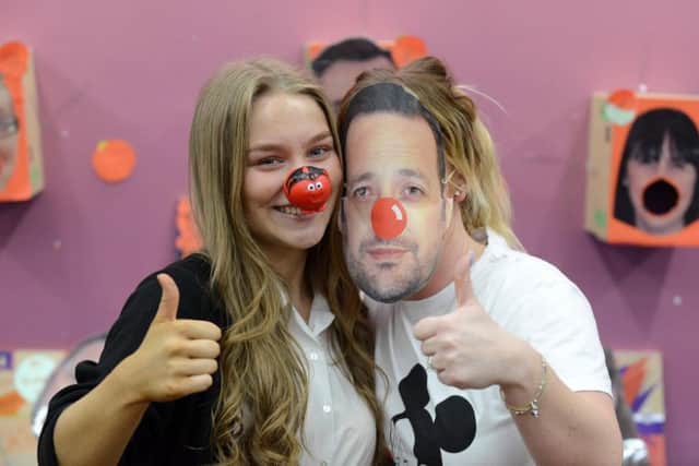 Red Nose Day fun at Farringdon Community Academy. Pupil Tahnee Kelly, 16 with teacher mask staff