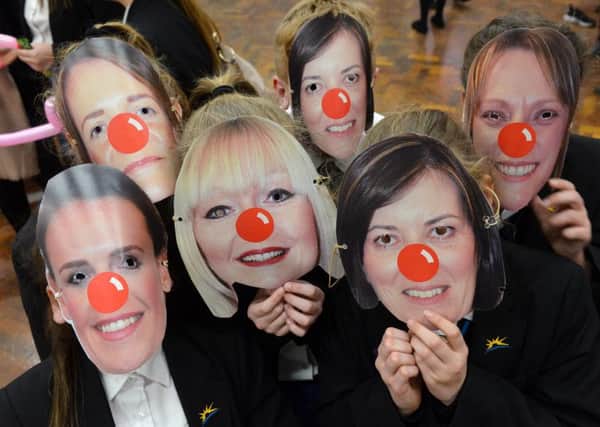 Red Nose Day fun at Farringdon Community Academy with pupils wearing teacher masks