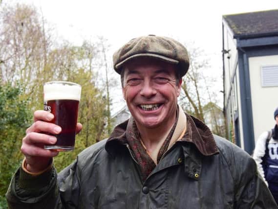 Nigel Farage enjoying a pint at the end of the first day of the March To Leave, from Sunderland to Hartlepool.