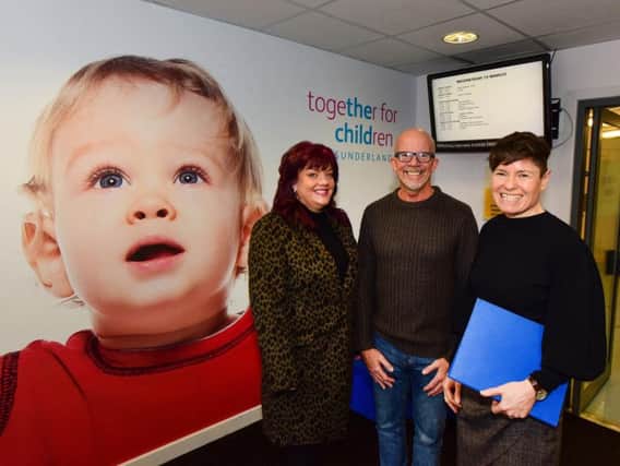 Jill Colbert, Chief Executive of Together for Children with foster carer, Debbie Collins and her partner Billy Lambert at the Sandhill Centre in Sunderland.