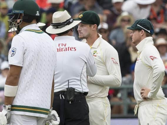 Cameron Bancroft chats to the umpire during the Newlands Test.