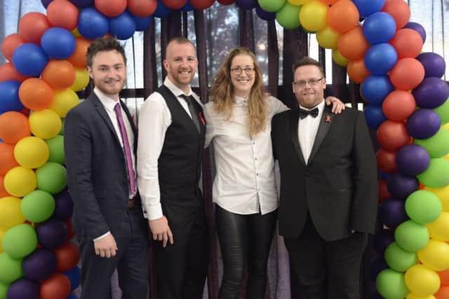 Members of THRIVE NE, winners of the 2018 Charity & Community Initiative Award, with Lui Asquith, winner of the Ally of the Year Award. L-R Michael Young, Drew Dalton, Lui Asquith and Stuart Mullen