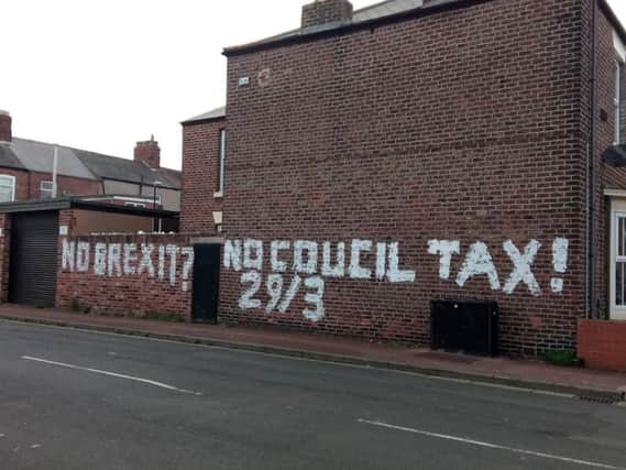 Misspelled graffiti was left on the gable end of a house in Derby Street, facing onto Ashwood Street, over the weekend.