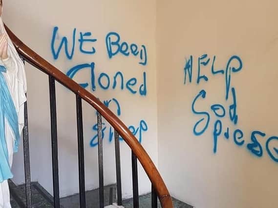 The graffiti left on a stairwell within St Mary's RC Church in Bridge Street, Sunderland.