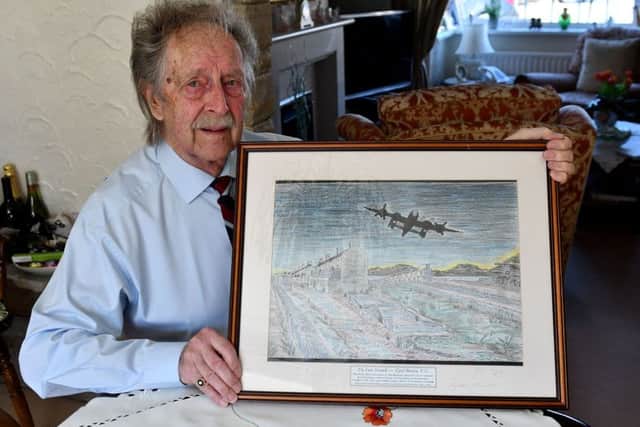 Alan Mitcheson drew his picture showing what he saw from his bedroom window the morning the Halifax bomber crashed