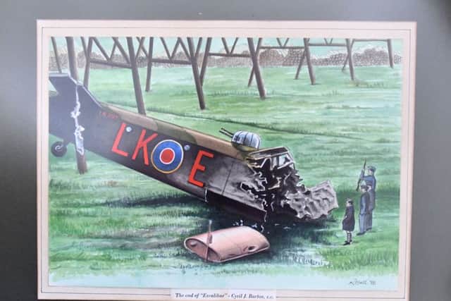 A picture Alan Mitcheson had comissioned where he is the child in the image looking at the crashed Halifax bomber.