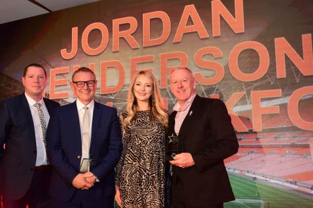Sunderland Echo Managing Editor Gavin Foster, Brian Henderson, father of Jordan Henderson, Claire Virge CSR and Sponsorship Manager of the BGL Group and former Sunderland footballer Kevin Ball.
