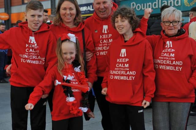 Sunderland fans David and Carole Hodgson with daughter Lindsey Thynne, Jack, Corey, and Jaycee Thynne, setting off for Wembley from Sunderland Train Station.