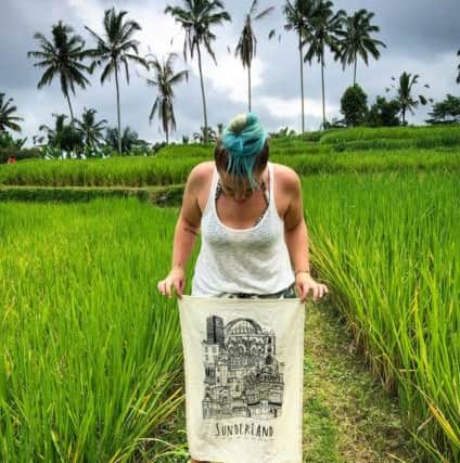 Helen with the tea towel in Bali, Indonesia