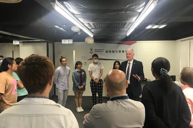 Vice Chancellor of the University of Sunderland Sir David Bell talking to students in Hong Kong.