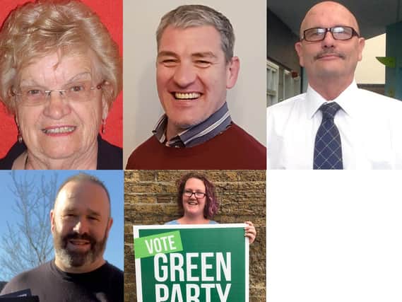 Top (l-r) Doris Turner (Labour), Michael Robert Hopper (Ukip), David William Geddis (Independent. 
Bottom (l-r): Glyn Dixon (Democrats and Veterans Pary), Rachel Louise Lowe (Green Party)