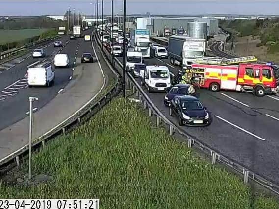 A CCTV image issued by the @NELiveTraffic network showing the truck blaze and traffic on the A1231.