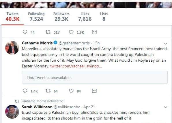 Grahame Morris's tweet which caused upset after he wrongly claimed footage showed Israeli soldiers attacked children "for fun."