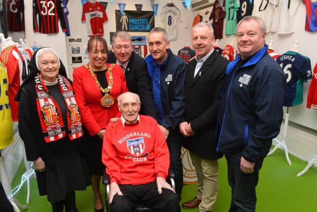 Ernie Jones celebrates his 103rd birthday at the Fans Museum with Sister Mary Scholastica, Mayor Lynda Scanlan Coun John Kelly, Keith Havelock , Kevin Ball and founder Michael Ganley.