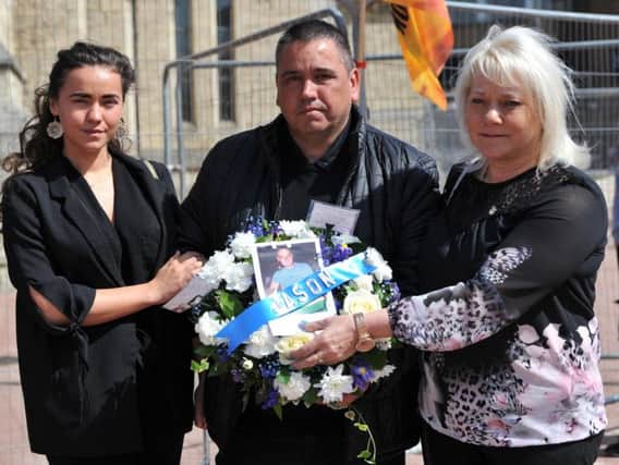 The family of Jason Burden, dad Trevor, mum Maria and sister Rachel, lay a wreath at Hartlepool's Workers Memorial Day Service.