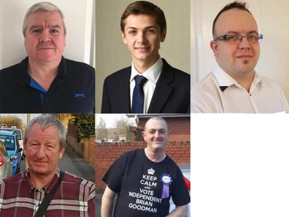Top (l-r) Michael Richard Ayre (independent), Adam Ellison (Labour Party), Steven James Richards (Green Party)
Bottom (l-r): John Robert Barker (UKiP), Brian Goodman (independent)