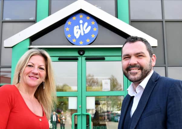 Joy Yates, JPIMedia Editorial Director North East and Sunderland Echo Editor, with Paul McEldon, Chief Executive of the North East BIC, outside the Echo's new home.