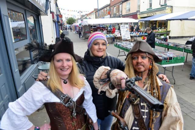 Relaunch of Seaham Seaside Market, with Mary Read, organiser Fiona Harnett from Events2gogo and Jack Sparrow.
