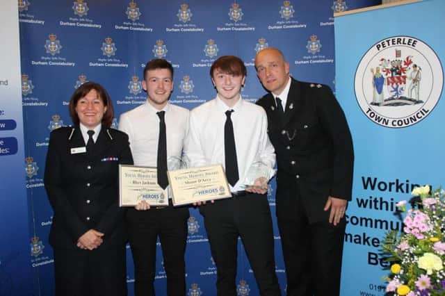 Award winners Rhys Jackson and Shane Jackson, pictured with Durham Constabulary's Deputy Chief Constable and Chief Inspector Lee Blakelock at last year's ceremony.