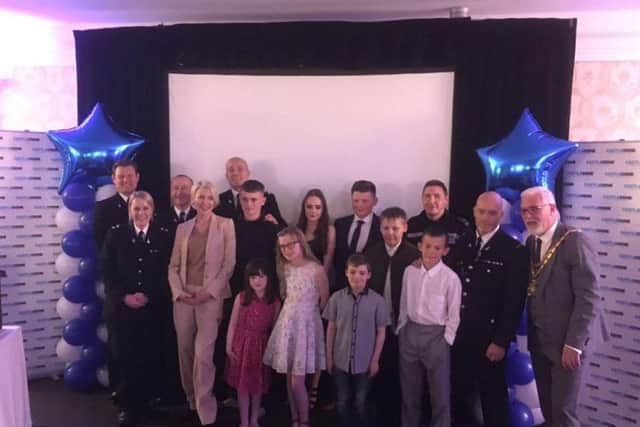 A selection of the winners pictured with members of Durham Constabulary, Peterlee Town Council and Heather Mills.