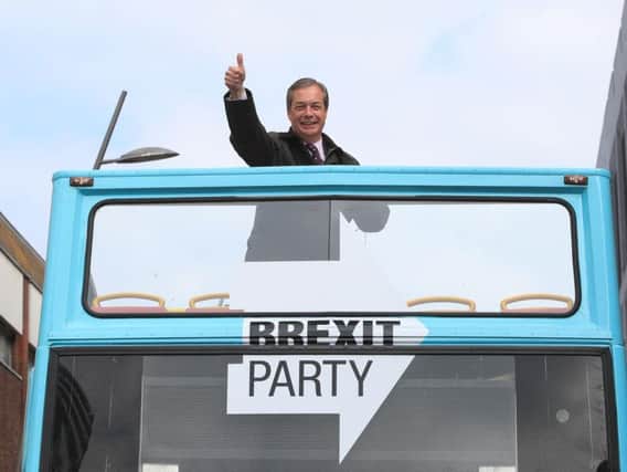 Nigel Farage on the Brexit Party bus in Sunderland.
Image by PA.