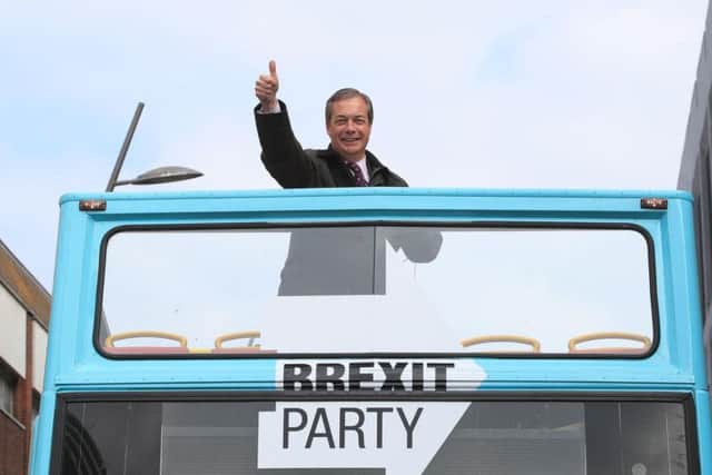 Brexit Party leader Nigel Farage on an open topped bus while on the European Election campaign trail in Sunderland.
Photo by Danny Lawson/PA Wire.