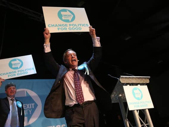 Nigel Farage on stage at the rally at Rainton Meadows Arena
