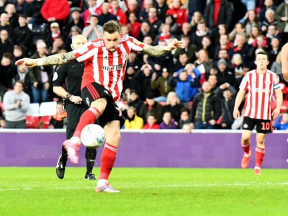 Chris Maguire thumps home Sunderland's goal in the play-off semi final second leg
