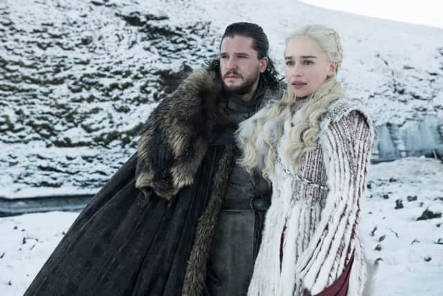 Kit Harington as Jon Snow, left, and Emilia Clarke as Daenerys Targaryen, in a scene from Game of Thrones (HBO via AP)
