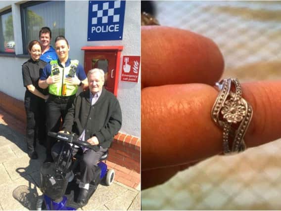 Ernie Atkinson with, from left, Inspector Marie Pollock, Paul Marriner of Gordon Burnett Motor Engineers, and PCSO Mel Sargent, along with the ring, which is still missing after it was stolen by Christopher Robinson.